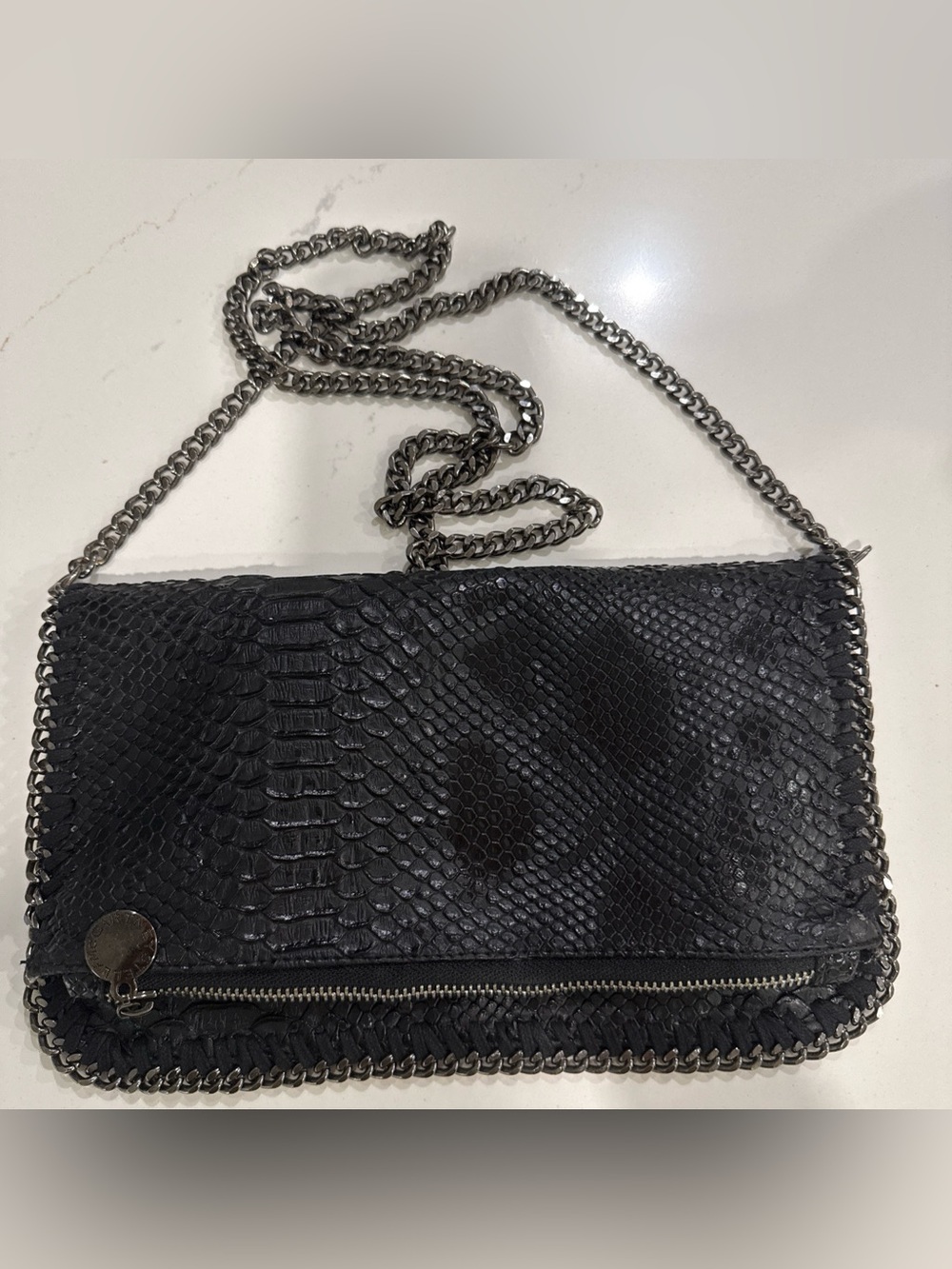 STELLA McCARTNEY Black Faux Snake Skin & Chain Trim FALABELLA Crossbody Bag